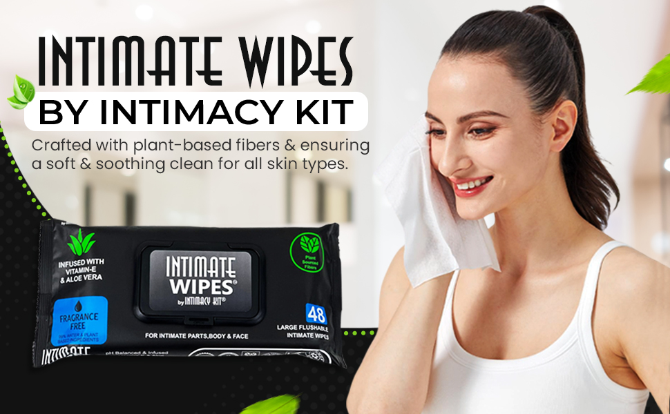 INTIMATE WIPES™ by INTIMACY KIT® with product package and woman using a wipe